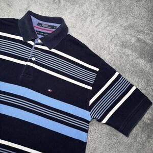 Tommy Hilfiger Men's Large Short Sleeve Navy Striped White & Blue Polo Shirt